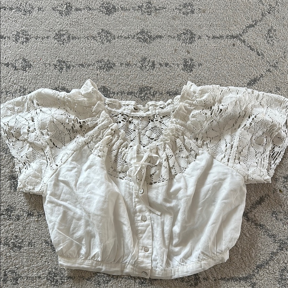 Cleobella White Cropped Blouse with Puff Sleeves and Bib Collar